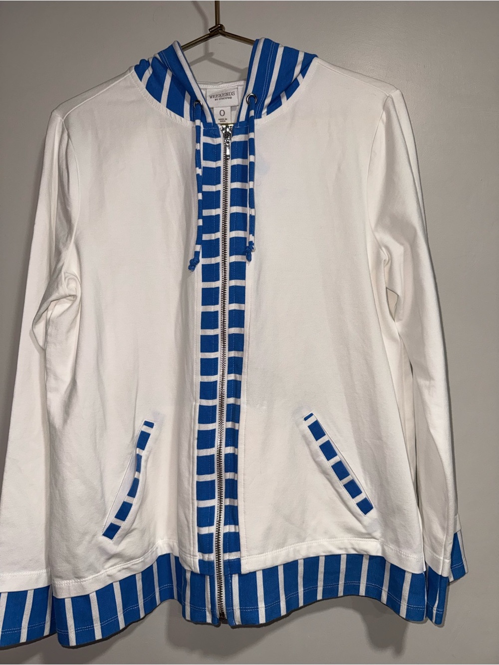 Chico's White Zip Hoodie with Blue Stripe Accents